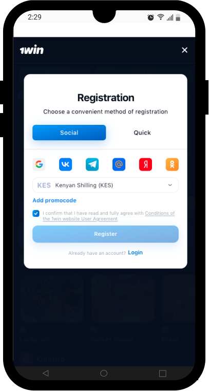 1win registration via social media account
