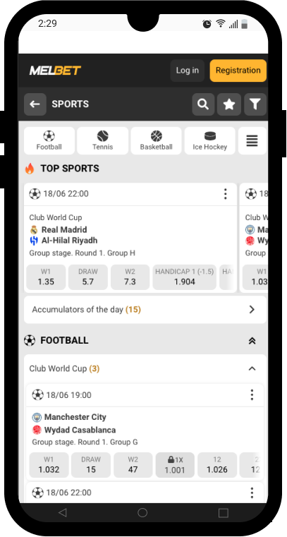 Melbet sportsbook in the bookie's mobile view