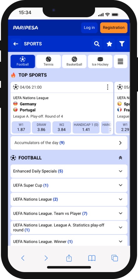 Paripesa mobile version home screen
