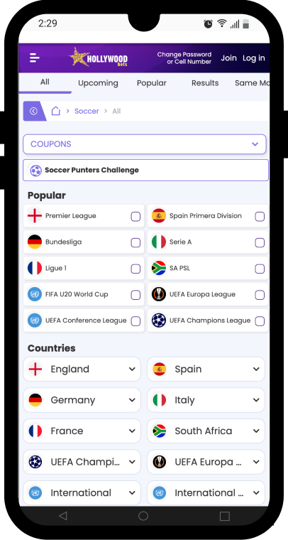 Football Soccer offer in the hollywoodbets mobile sportsbook