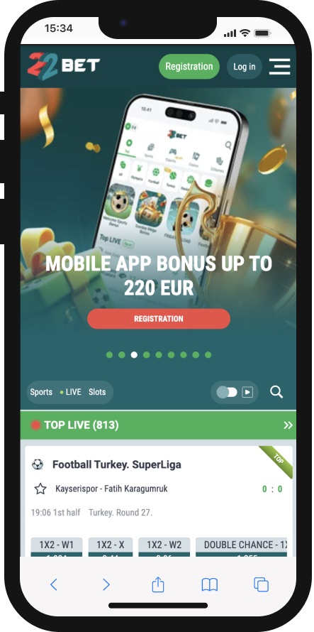 22bet mobile home with app bonus