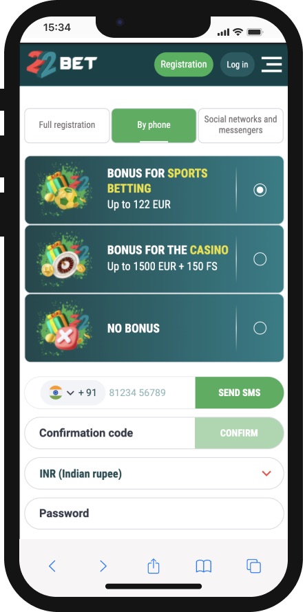 22bet registration with bonus mobile
