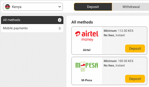 List of payment methods from the bookie BetandYou Africa