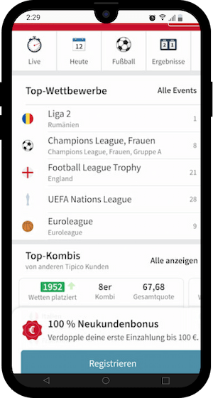 Mobile Ansicht beim Wettanbieter Tipico