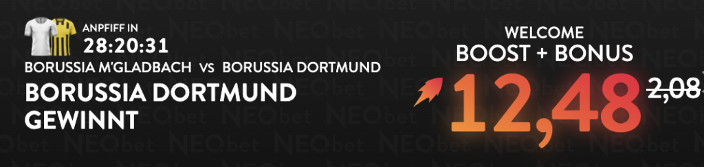 Neobet hat einen Welcomeboost für Neukunden parat: Siegt Dortmund, wartet eine 12.48er Quote!