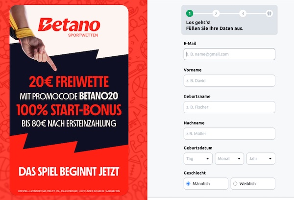 Registrierung bei Betano