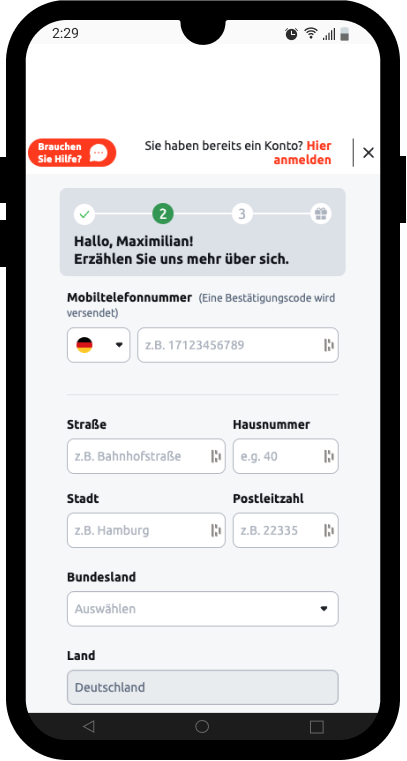 Zweiter Schritt der Betano Registrierung
