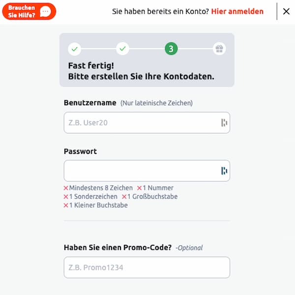 Gib im Zuge der Betano Registrierung den Bonus Code ein