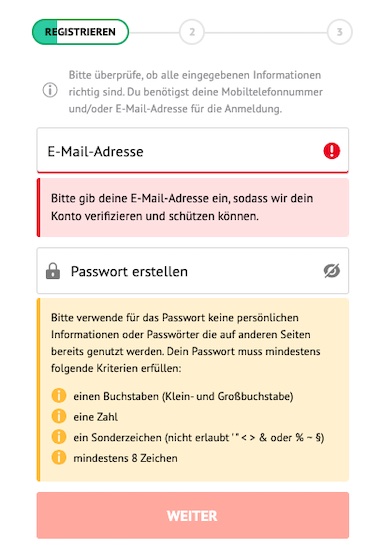 Schritt 1 der Oddset Registrierung