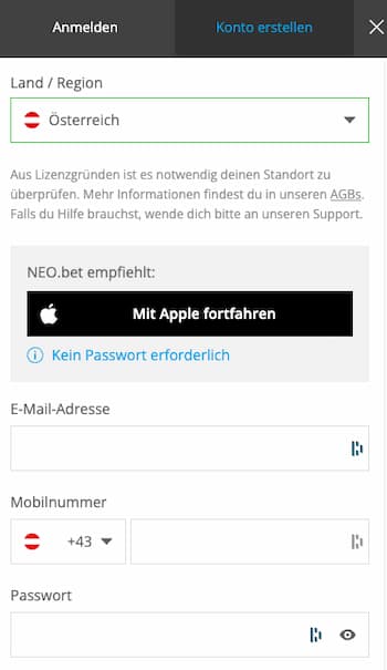 Kontoeröffnung bei Neobet
