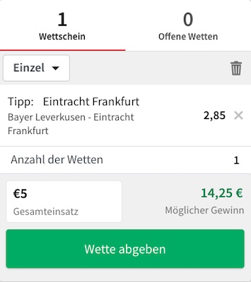 Beispiel Wette bei Tipico auf Sieg Frankfurt