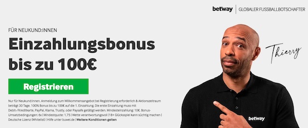 100% bis 100€ Betway Bonus für neue User