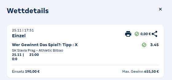 Slavia Prag - Bilbao Wette gewonnen bei Merkur Bets