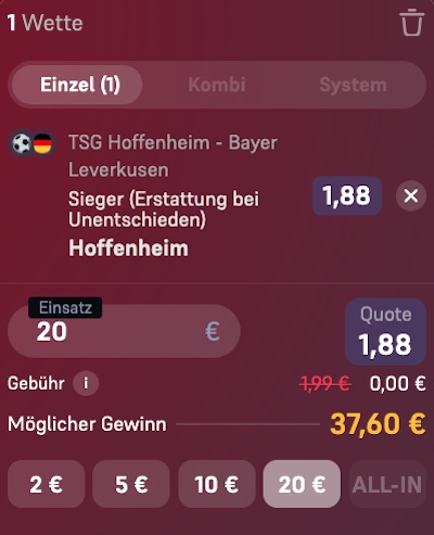 Unser Tipp der Woche kommt von Winamax und behandelt das Match Hoffenheim - Leverkusen
