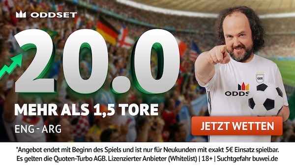 ODDSET Quote 20.0 auf mindestens zwei Tore bei England - Argentinien