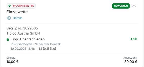 Siegerschein bei Tipico zu PSV - Donezk