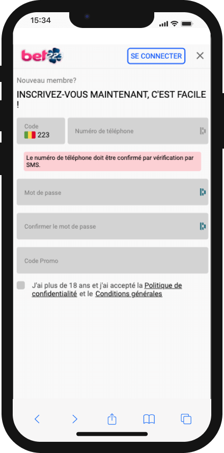 inscription bet223 sur smartphone