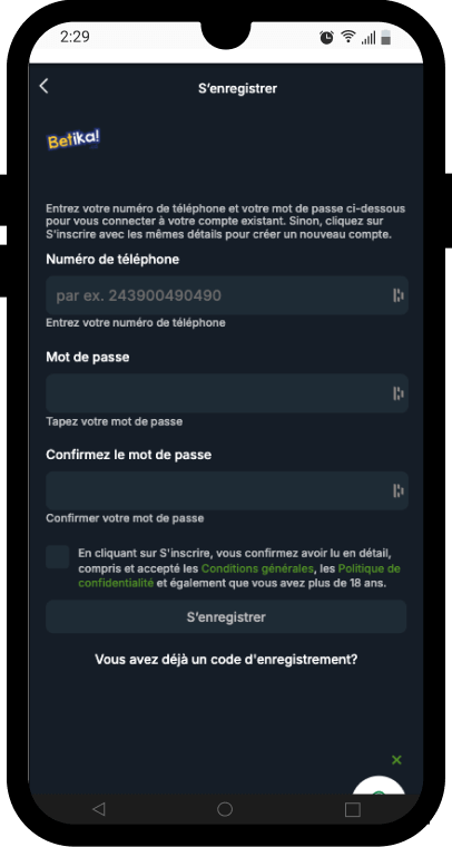 inscription betika sur telephone