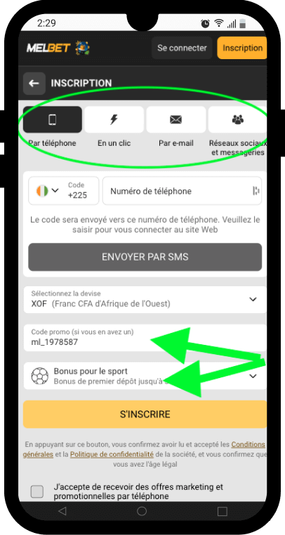 inscription melbet avec code promo sur smarpthone