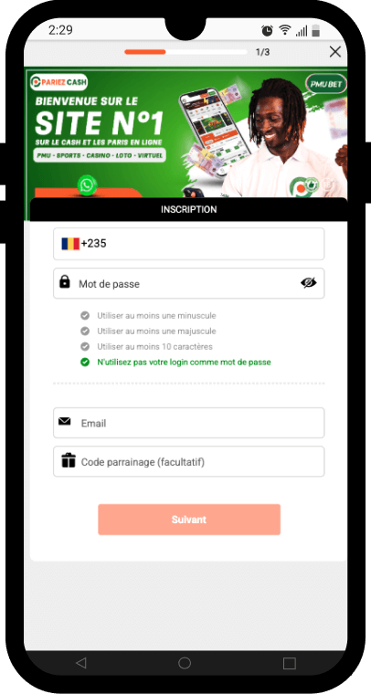 inscription pariez cash sur telephone