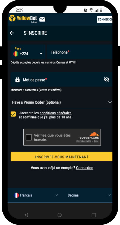 inscription yellowbet guinee sur smartphone