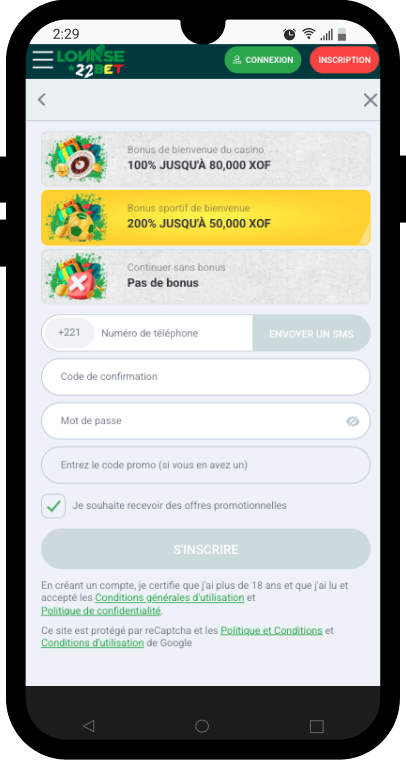 inscription 22bet sur mobile