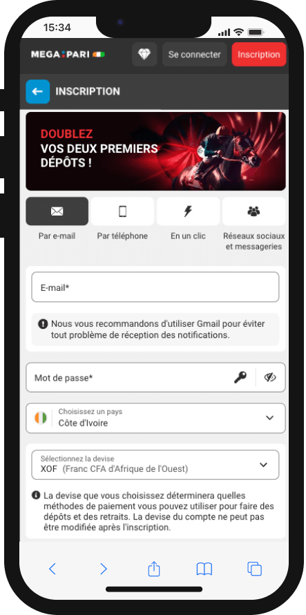 inscription megapari sur mobile