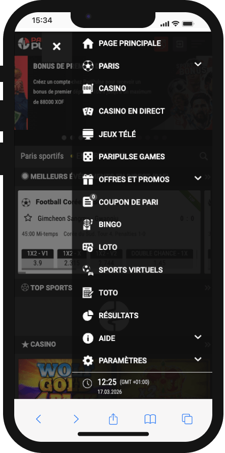 menu paripulse sur smartphone