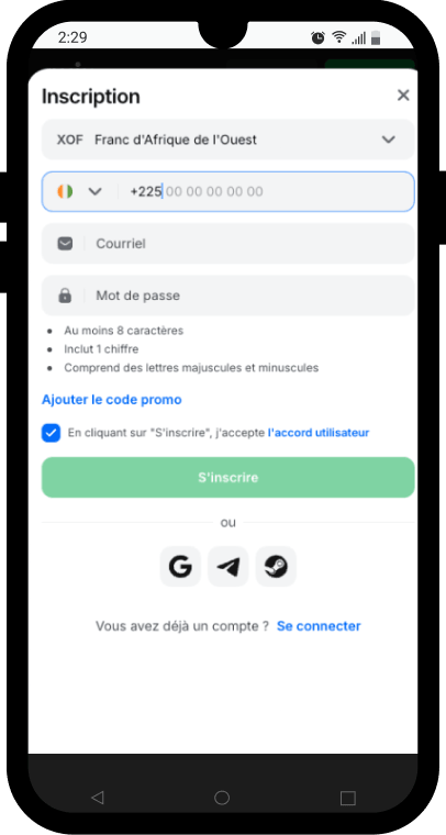 inscription 1win sur smartphone