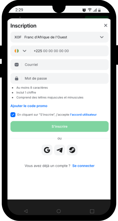 inscription 1win sur mobile 