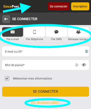 goldpari connexion sur smartphone