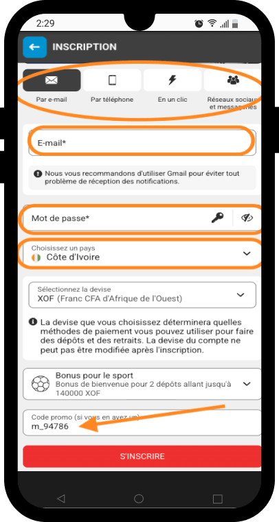 inscription megapari avec code promo